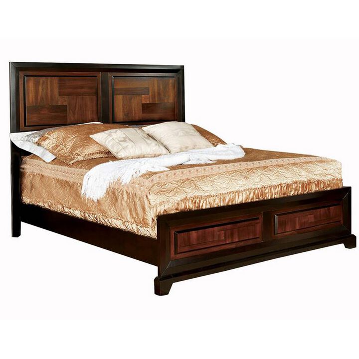 Transitional Style Queen Size Wooden Parquet Design Bed, Brown-Benzara