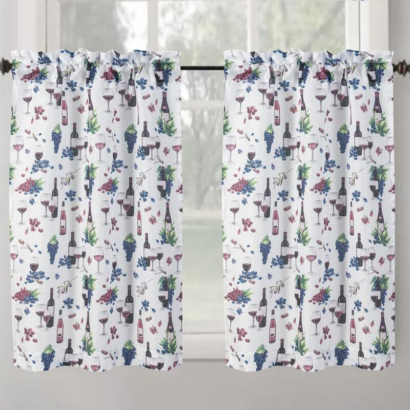 RT Designer's Collection Tribeca Wine Printed Slub 3 Pieces Kitchen Curtain Set Includes 1 Valance 52" x 18" and 2 Tiers 26" x 36" Each Multi Color