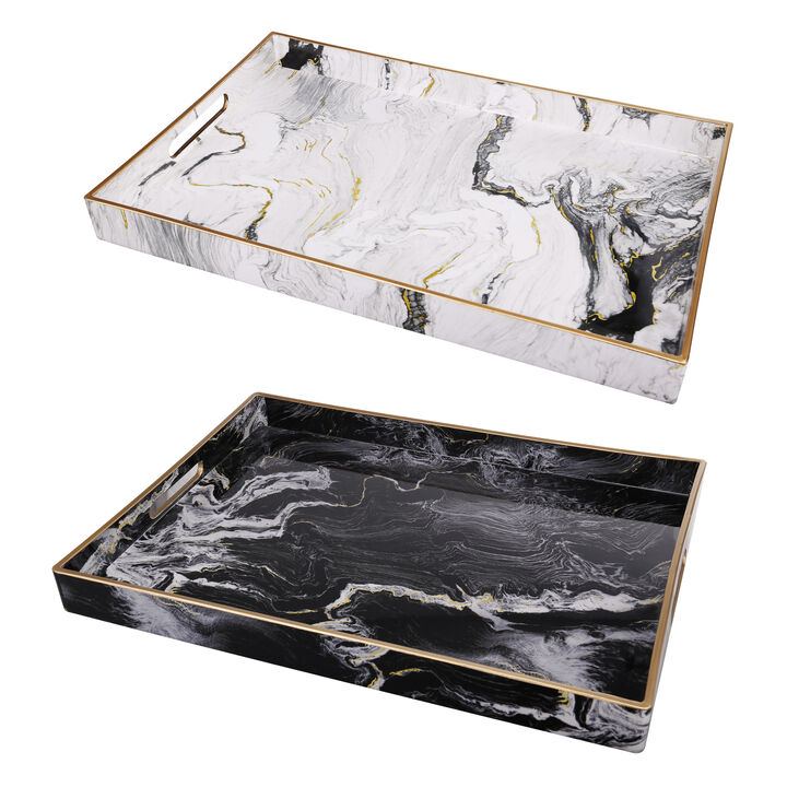 19, 18 Inch Set of 2 Modern Decorative Trays with Rims, Black and White-Benzara