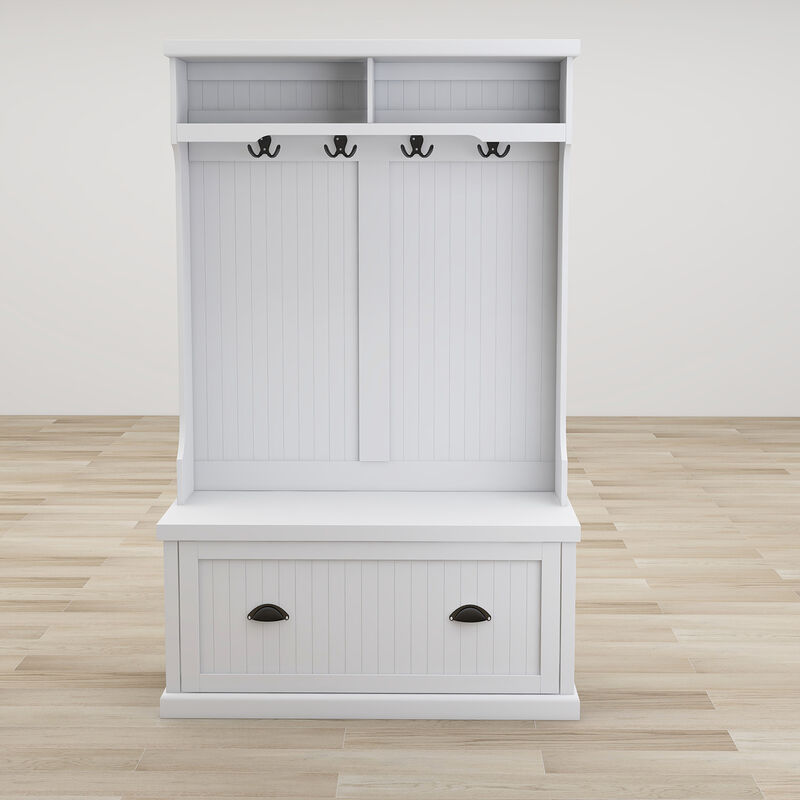 White Wood Hall Tree with Bench Shoe Cabinet