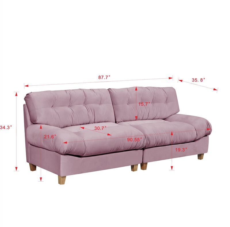 90.5 "Cloud separation sofa, Love Seat sofa , with 2 pillows, frosted velvet minimalist sofa，uitable for living room, apartment, bedroom, office, pink