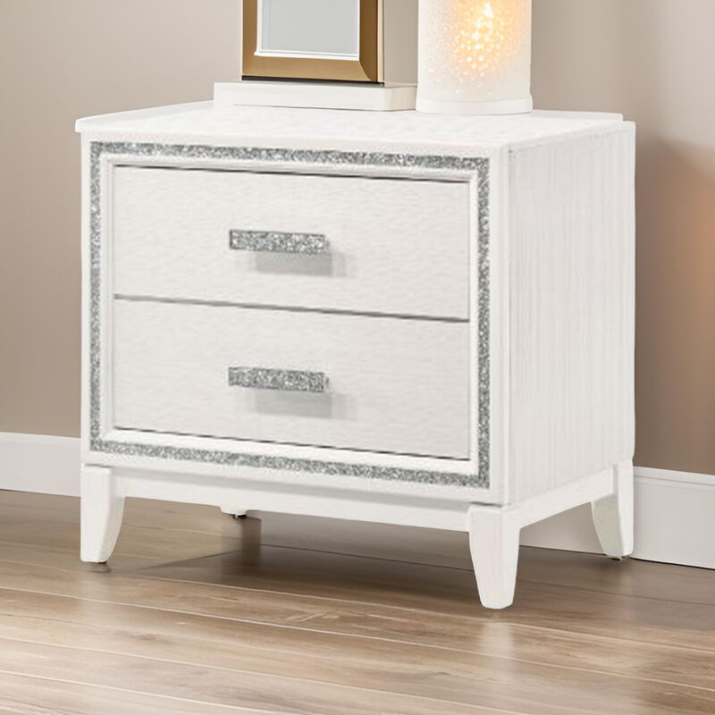 Nightstand with 2 Drawers and Shimmer Accent Trim, White-Benzara