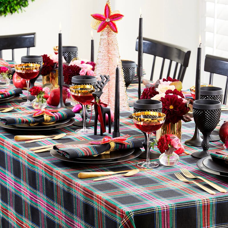 Solino Home Christmas Table Throw 52 x 52 Inch - 100% Pure Linen Black Jewel Plaid Tablecloth