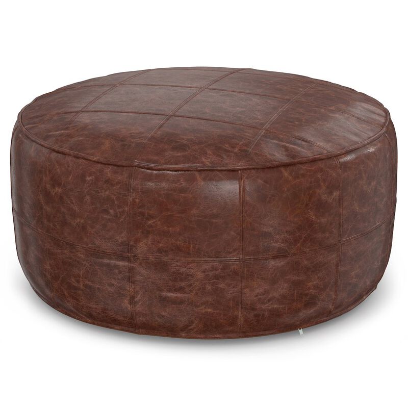Simpli Home Connor 34 Inch Round Coffee Table Pouf In Distressed Brown Genuine Leather