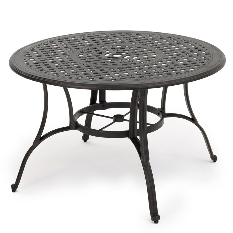 Simon Outdoor Dining Table, Round 47 Inch, Bronze Finished Cast Metal Frame - Benzara