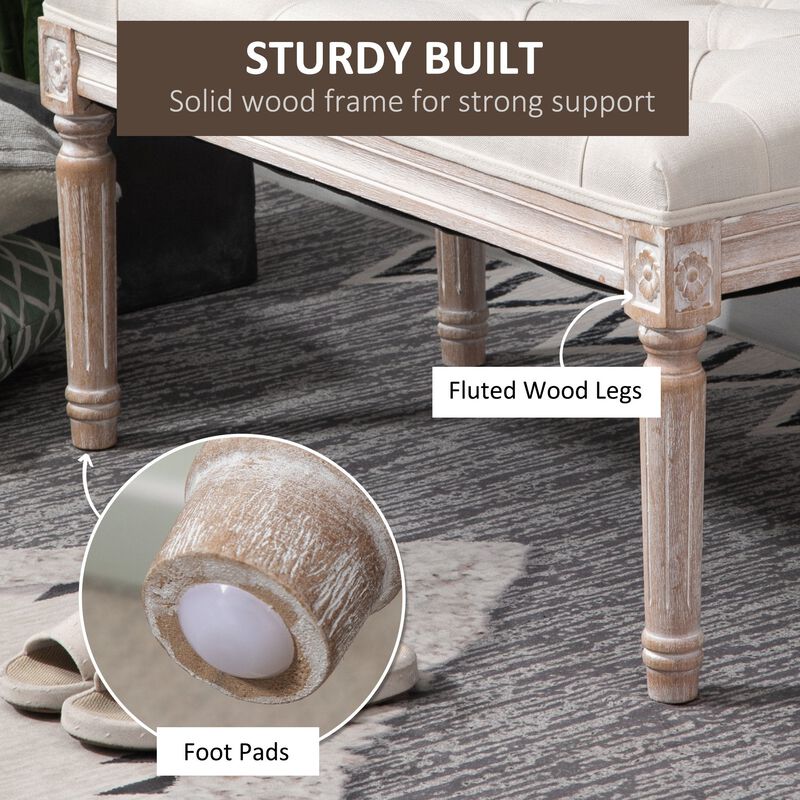 Beige Vintage Seat: 15.75" Tufted Ottoman with Distressed Wood Legs
