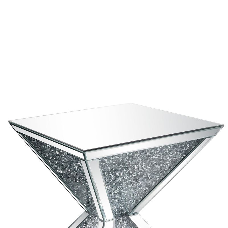 Sparkling End Table with Faux Diamonds Inlay , Silver and Clear-Benzara