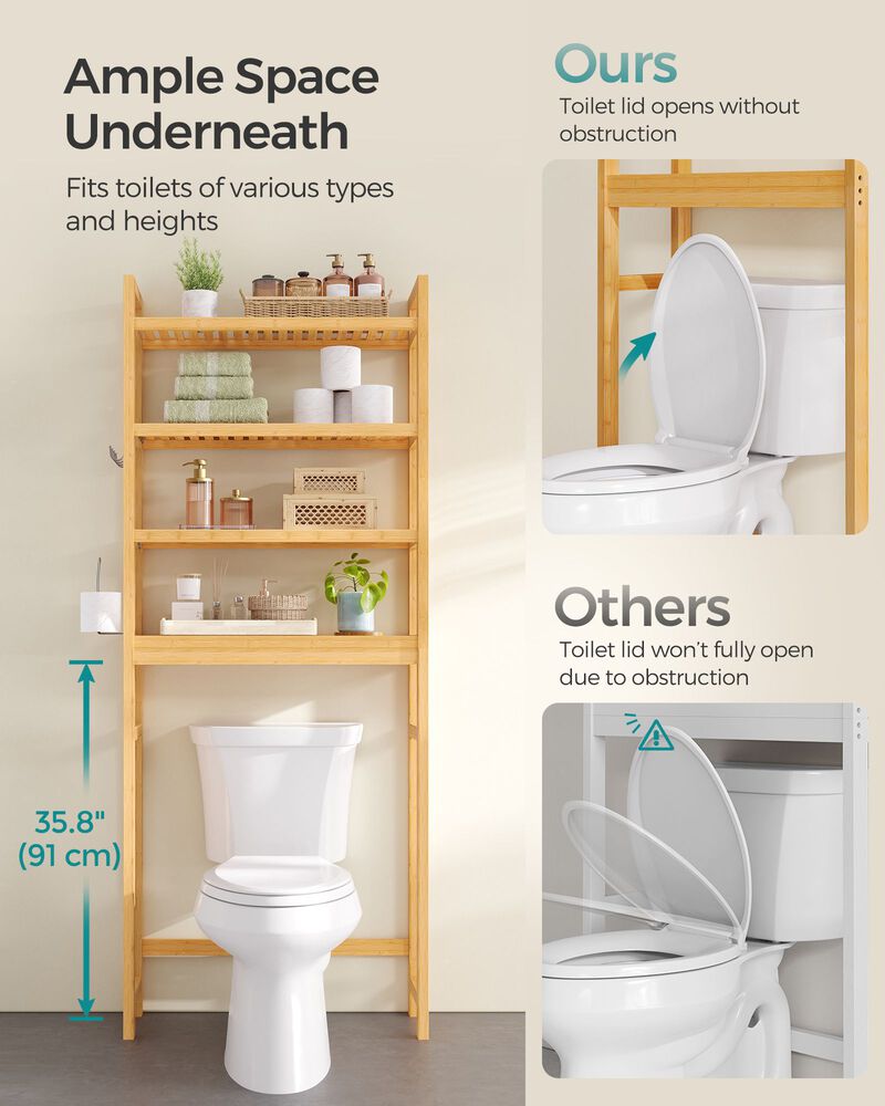 Over-The-Toilet Storage, 4-Tier Bamboo Bathroom Organizer with Adjustable Shelves