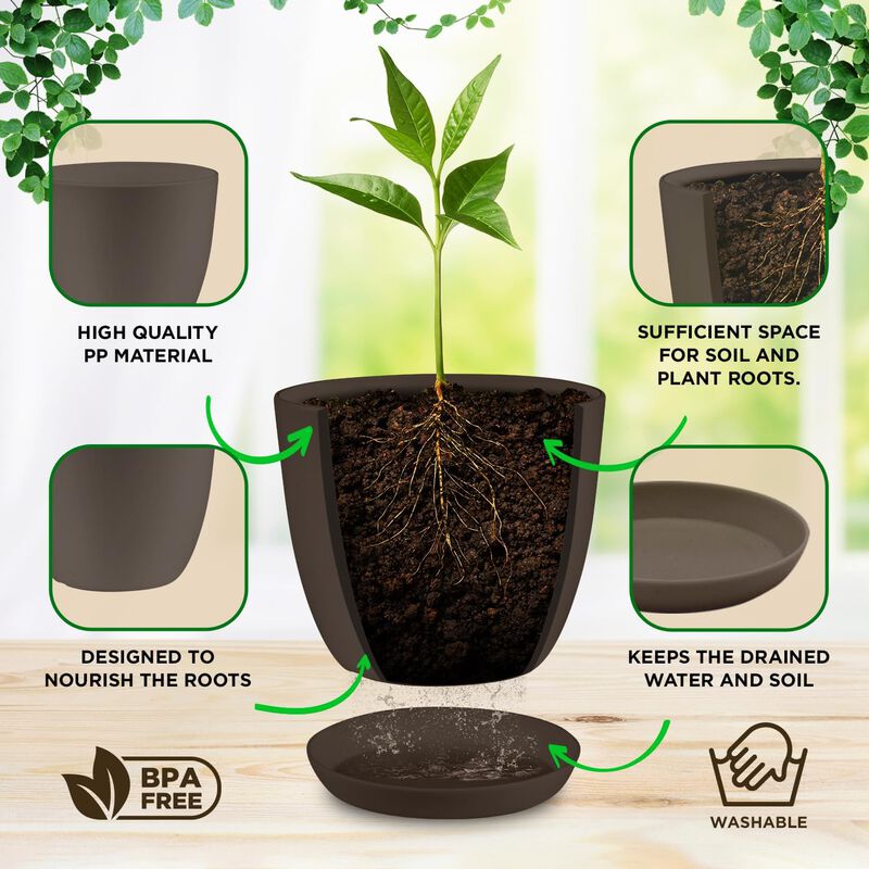 Planter Pots with Drainage Holes - Lightweight, Durable, and Space-Saving Pots for Indoor and Outdoor - Versatile Functionality, Simple Modern Design, Plastic Planter Pots