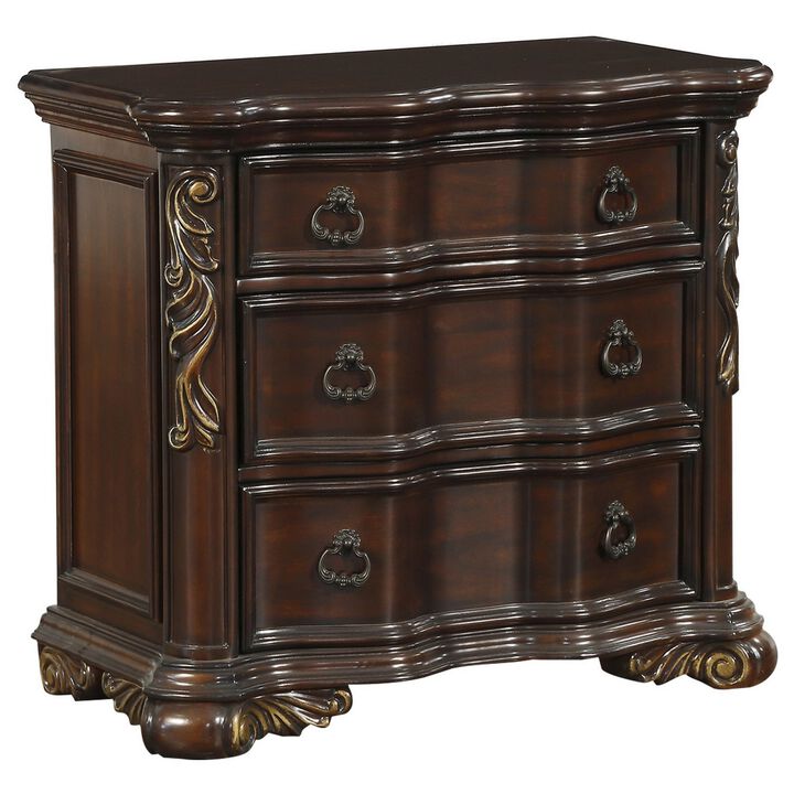 3 Drawer Nightstand with Carved Pilaster and Bracket Feet, Cherry Brown - Benzara