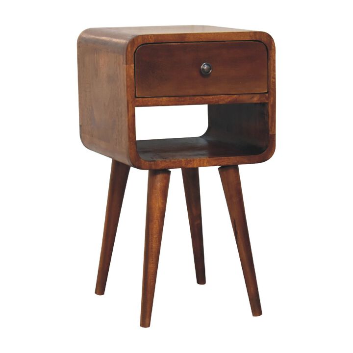 Mini Chestnut Curved 1 Drawer Nightstand  with Lower Slot