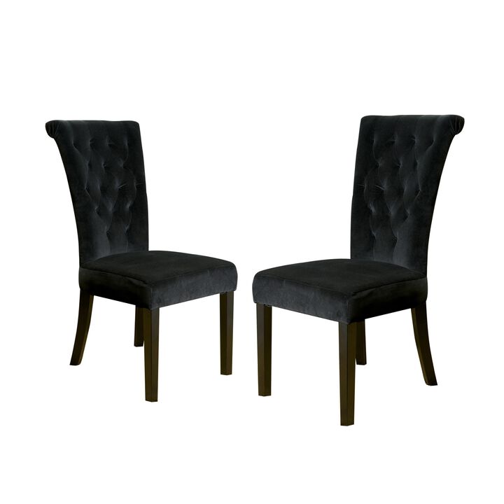 Chary Dining Chair Set of 2, Brown Wood, Classic Black Tufted Velvet - Benzara