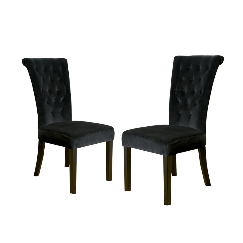 Chary Dining Chair Set of 2, Brown Wood, Classic Black Tufted Velvet - Benzara