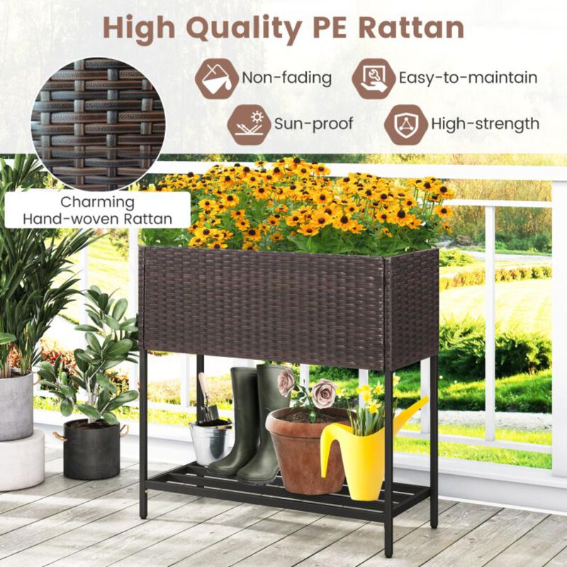 Hivvago Wicker Raised Garden Bed with Storage Shelf and Removable Liner for Flowers