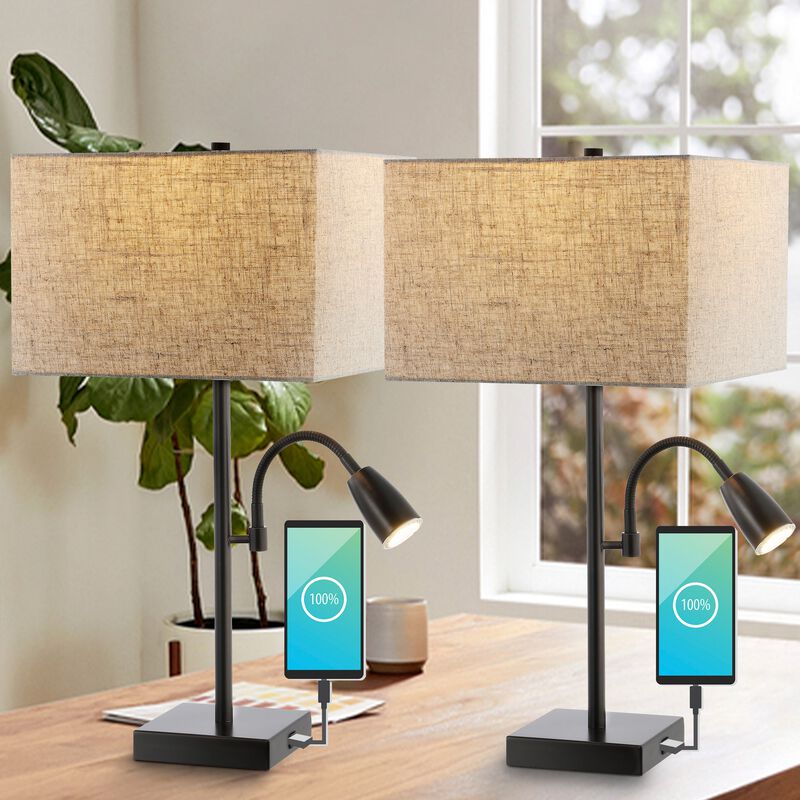 Austin 2-Light Farmhouse Industrial Iron LED Table Lamp with USB Charging Port and Adjustable Reading Light