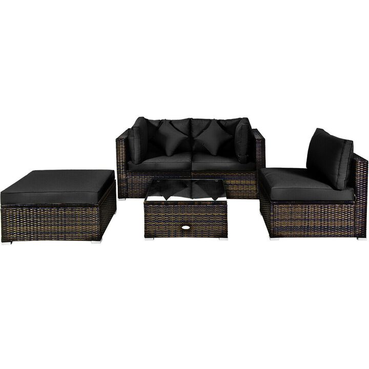 5 Pcs Outdoor Patio Rattan Furniture Set Sectional Conversation with Navy Cushions