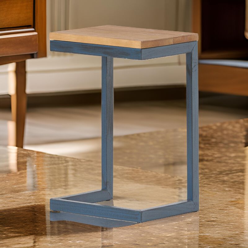Small Accent End Table, 13 Inch, C Shaped Iron Legs, Black, Brown Wood - Benzara