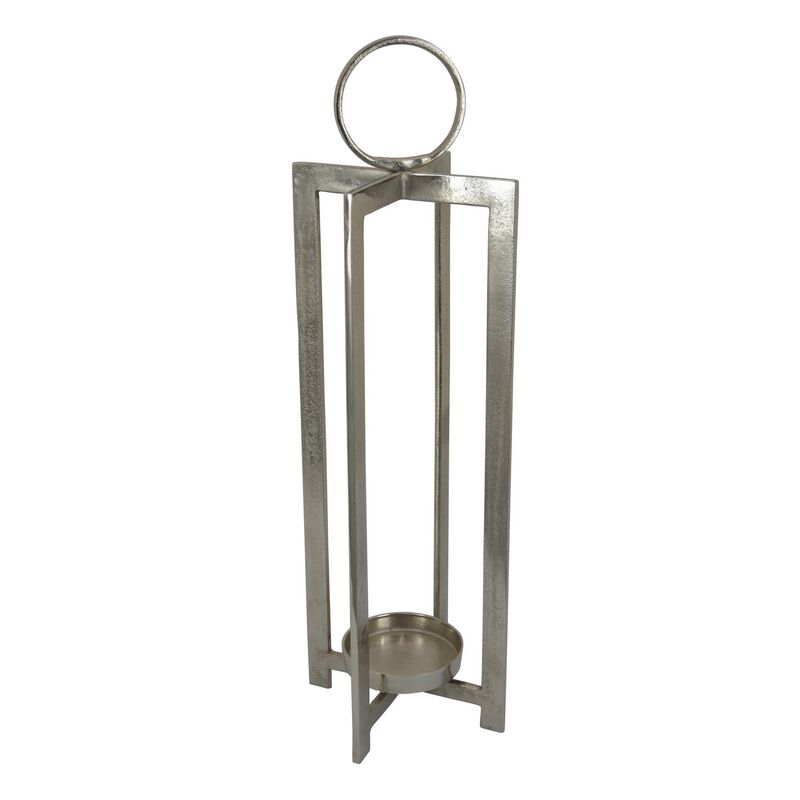 Siana 31 Inch Lantern Candle Holder, Classic Silver Finished Metal - Benzara