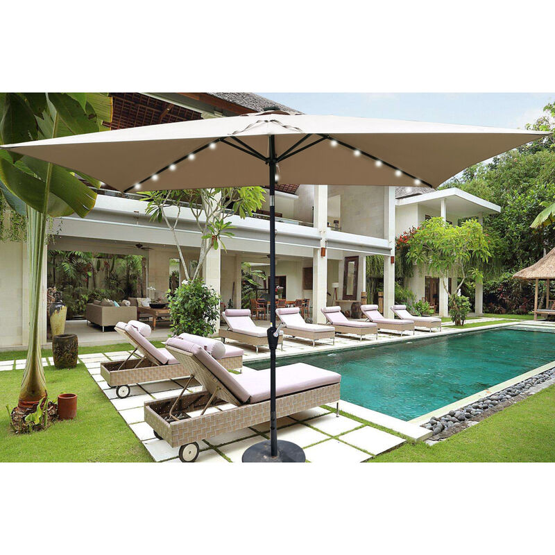 10 X 6.5FT Rectangular Patio Solar LED Lighted Outdoor Umbrellas With Crank And Push Button