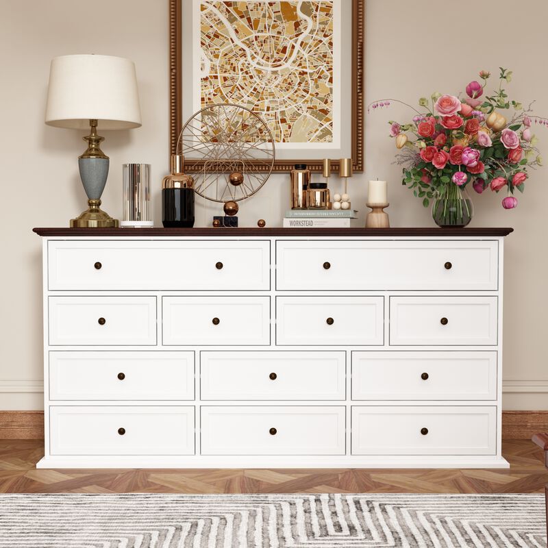 12-Drawer White Wood Dresser Storage Cabinet Vintage Style 31.5 in. H x 61 in. W x 15.7 in. D