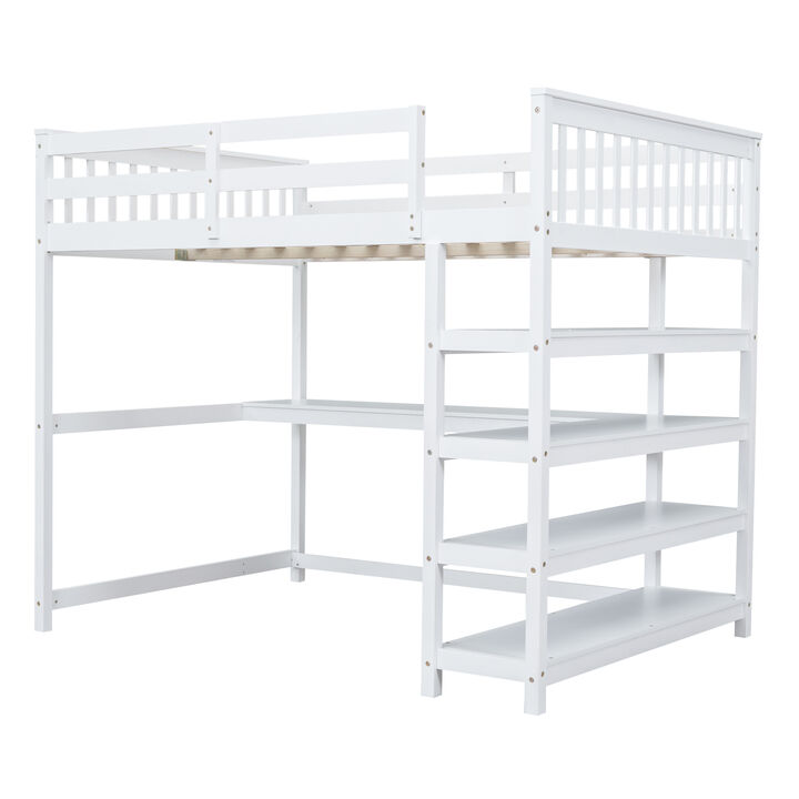 Full Size Loft Bed With Storage Shelves And Under-Bed Desk
