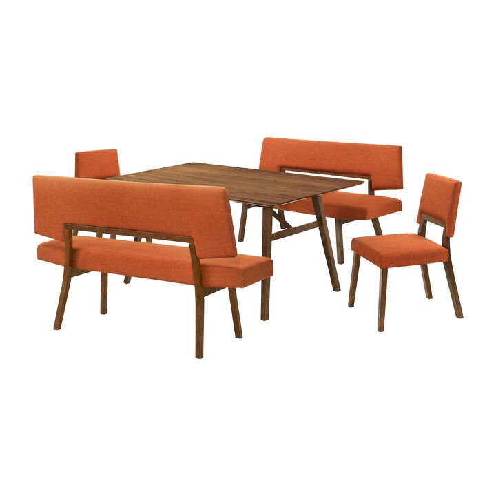 Yumi 5 Piece Dining Table Set, Chairs, Benches, Orange Fabric, Wood Brown - Benzara
