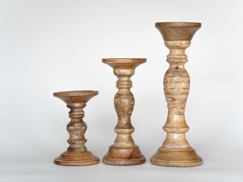 Traditional Wallnut Eco-friendly Handmade Mango Wood Set Of Three 6",9" & 12" Pillar Candle Holder