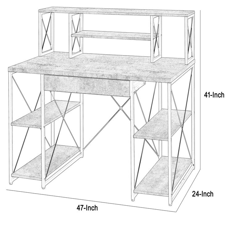 Metal Desk with 4 Open Bottom Shelves and Bookcase Hutch, Gray and Black-Benzara