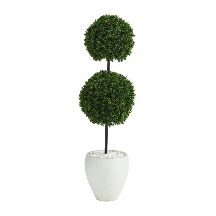 Hivvago 4 Feet Boxwood Double Ball Artificial Topiary Tree in White Planter UV Resistant (Indoor/Outdoor)