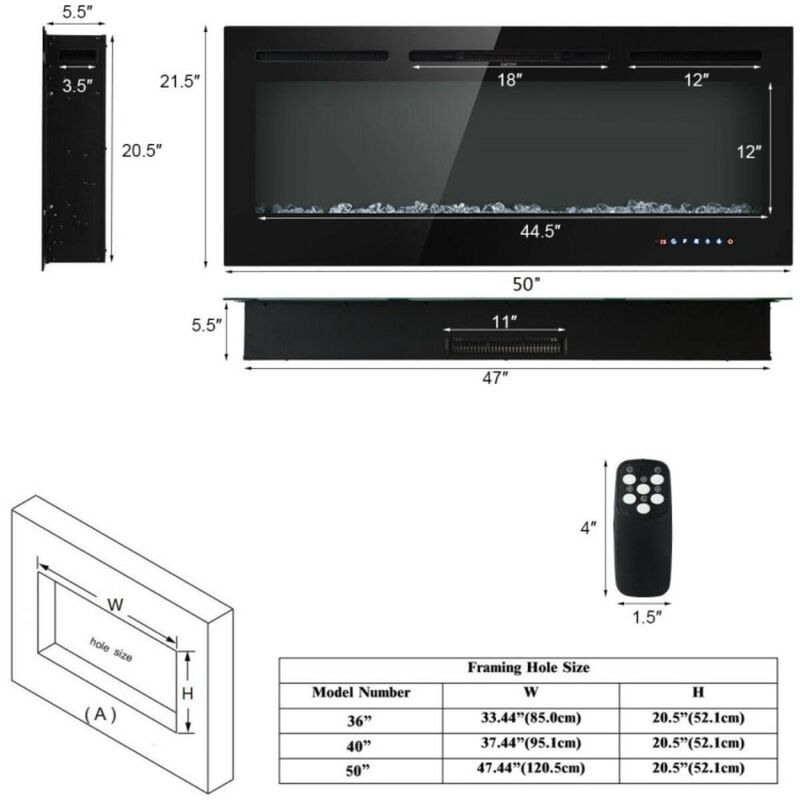 Hivvago 50 Inch Recessed Electric Insert Wall Mounted Fireplace with Adjustable Brightness