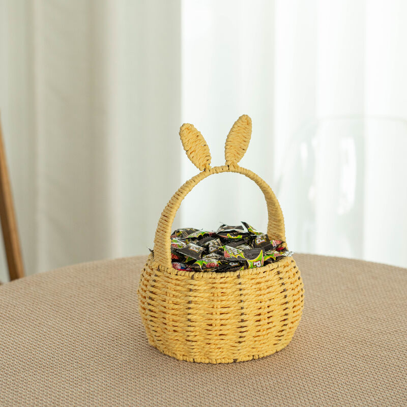 Wickerwise Hand-Woven Easter Bunny Ear Basket with Handle – Multi-Purpose Paper Rope Wicker Basket for Easter Egg Hunts, Picnics, Flower Arrangements, Food Storage, Party, and Home Decor, Nude