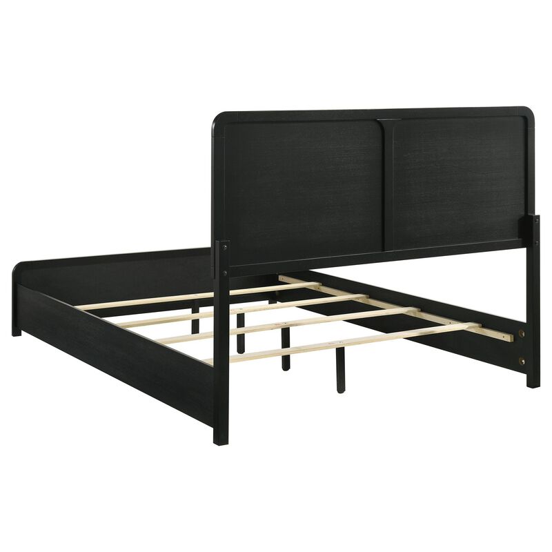 Cavy Queen Size Bed, Channel Tufted Upholstered Headboard, Black Gray - Benzara