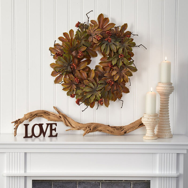 Nearly Natural 24-in Fatsia with Berries Autumn Artificial Wreath