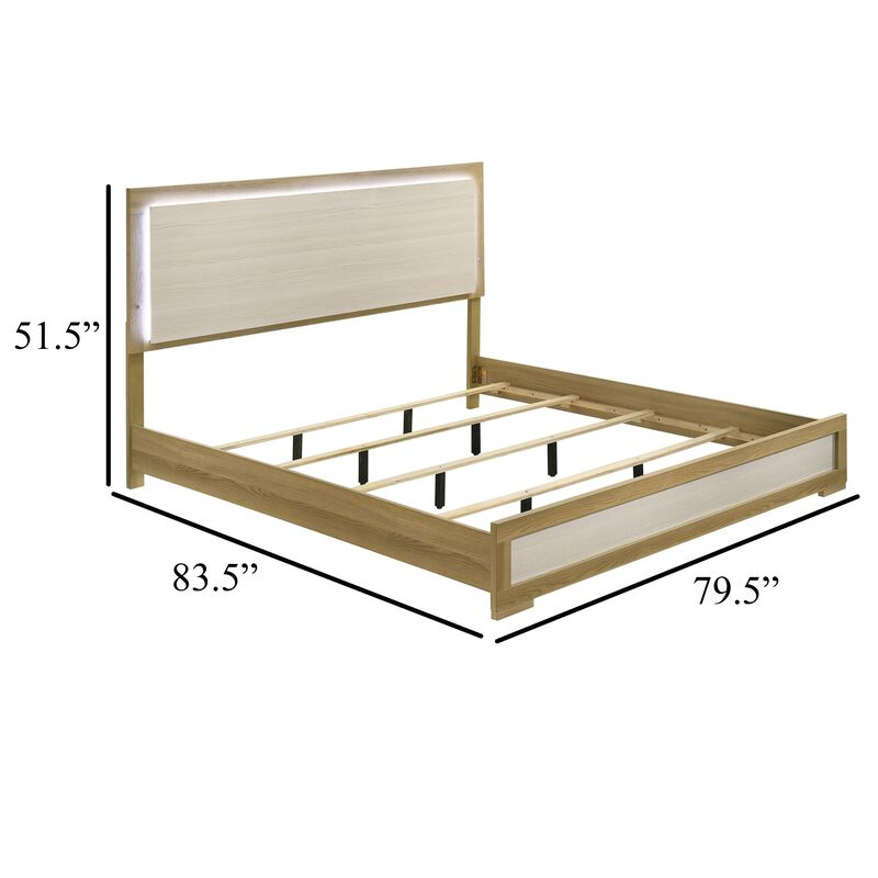 Hyle King Size Bed, Natural Brown Hardwood, LED Backlit Headboard - Benzara
