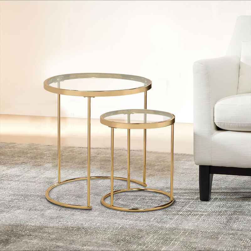 23 Inch Round Nesting Tables, Glass, Metal Base, Set of 2, Gold, Clear-Benzara
