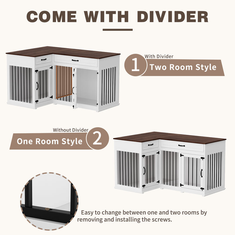 Large Corner Dog Crate Furniture for 2 Dogs with 2 Drawers, Wooden Dog Kennel Corner Dog Cage Perfect for Limited Room