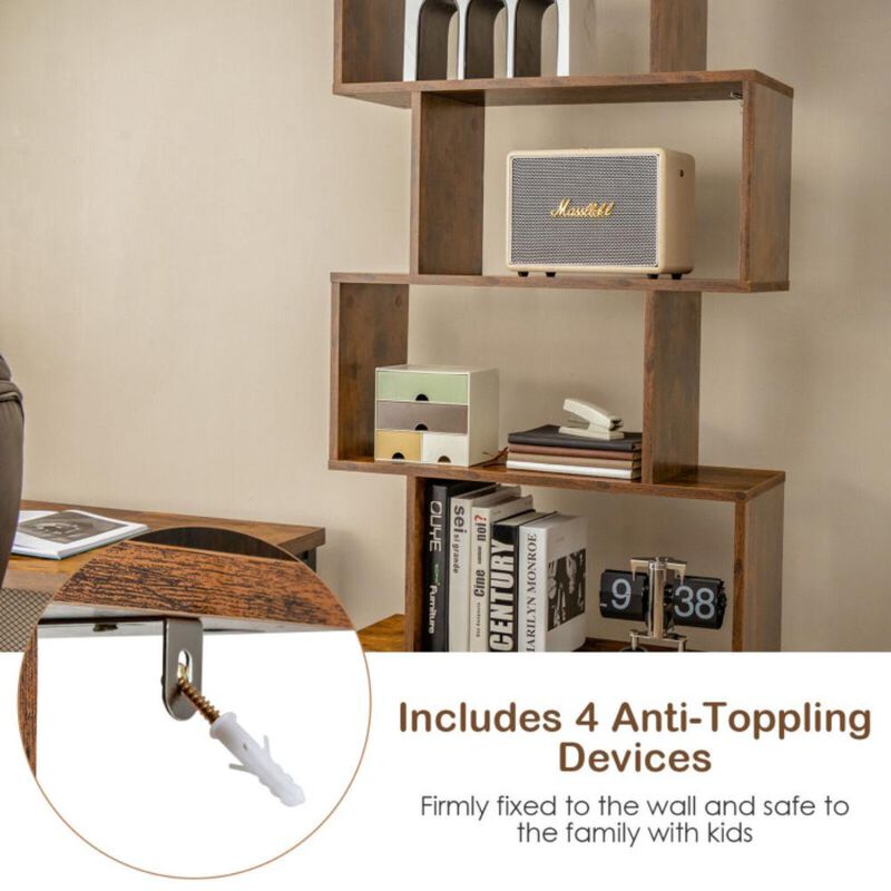 Hivvago 6-Tier S-Shaped Freestanding Bookshelf with Cabinet and Door