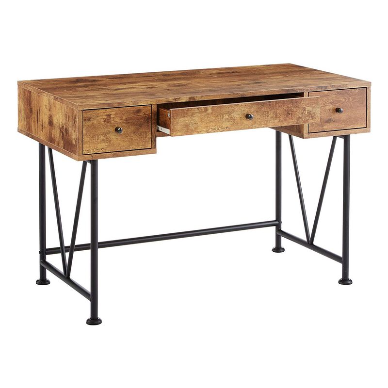 48 Inch Chic Wood Writing Desk 3 Drawer, Rustic, Metal Base, Antique Brown-Benzara