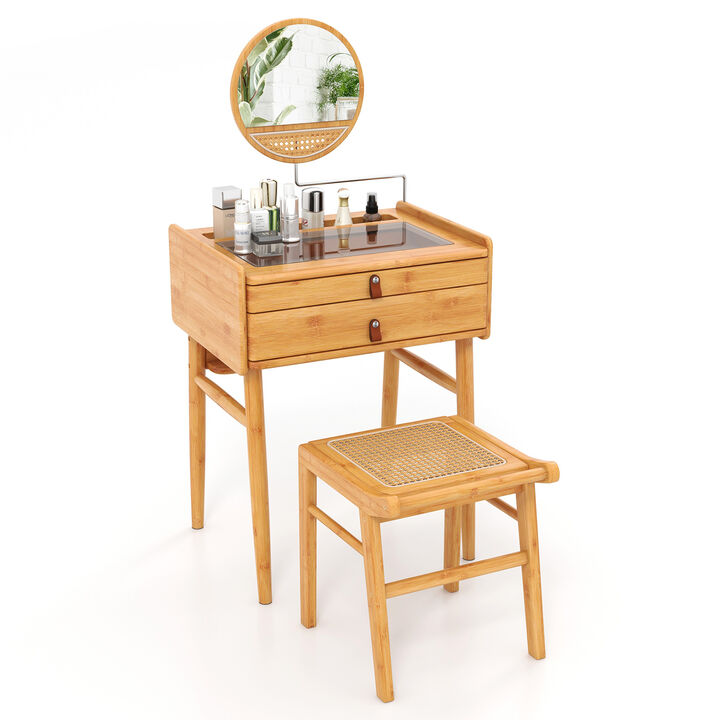 Wicker Makeup Vanity Table with Stool and Rotating Mirror
