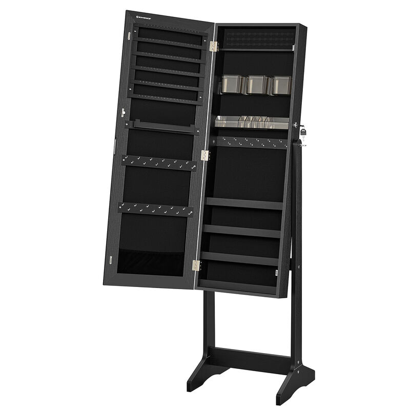 Mirror Jewelry Armoire with Lock, Freestanding Design, and 2 Plastic Cosmetic Storage Compartments