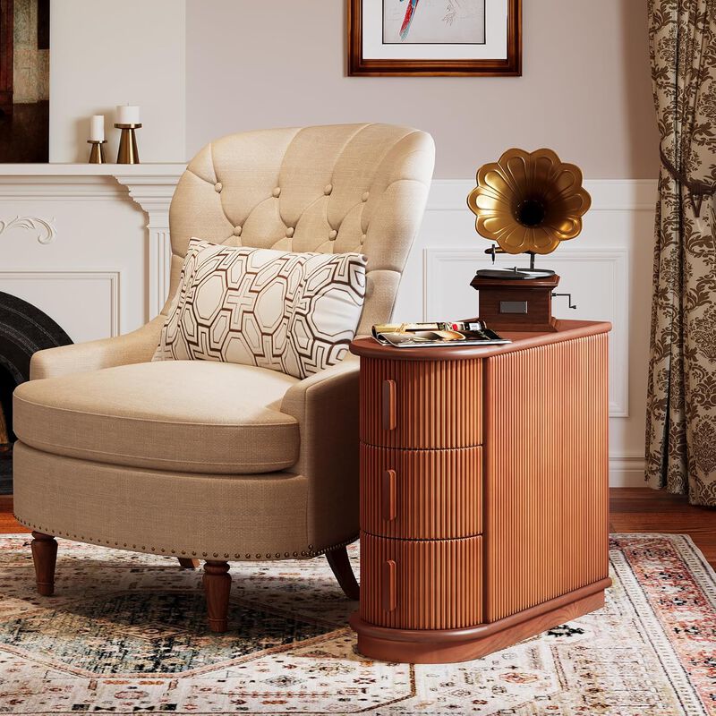 Wood End Table With 3 Drawers, No Assembly Required, Slim Profile Sofa Table Beside Coach, Mid-Century Modern Side Table for Living Room, Narrow Nightstand for Bedroom, Closed Back Design for Versatile Placement