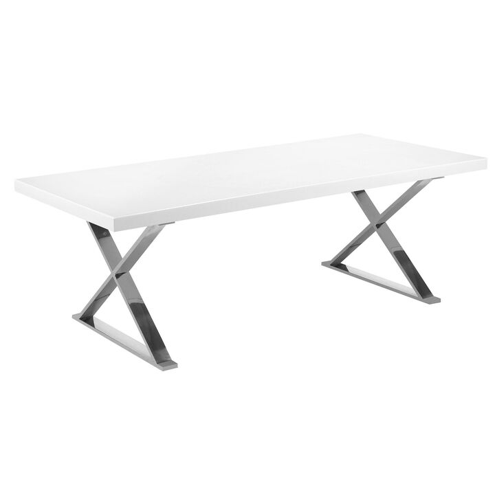 Rix 87 Inch Dining Table, White Wood Top, X Chrome Finished Steel Legs - Benzara