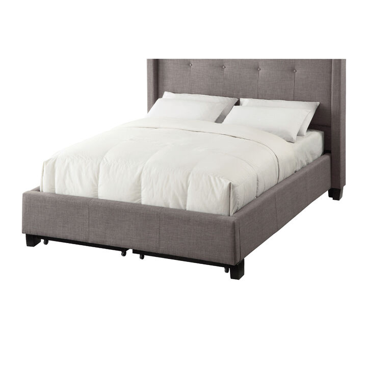Adams Low Profile King Bed, Tufted Linen, Wide Storage, Gray - Benzara