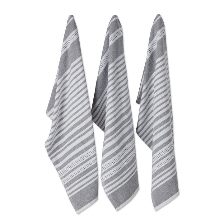Set of 3 White and Mineral Gray French Terry Variegated Stripe Dish Towel  28"