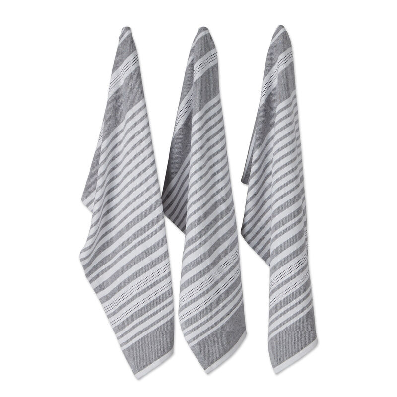 Set of 3 White and Mineral Gray French Terry Variegated Stripe Dish Towel  28"