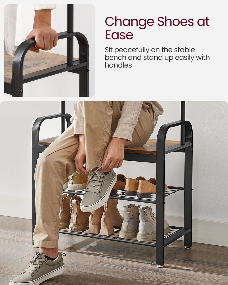 Hall Tree Coat Rack and Shoe Bench with Wood Accent and Metal Frame