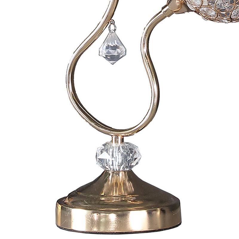 Metal Table Lamp with Floral Trumpet Shade and Crystal Accents, Gold-Benzara