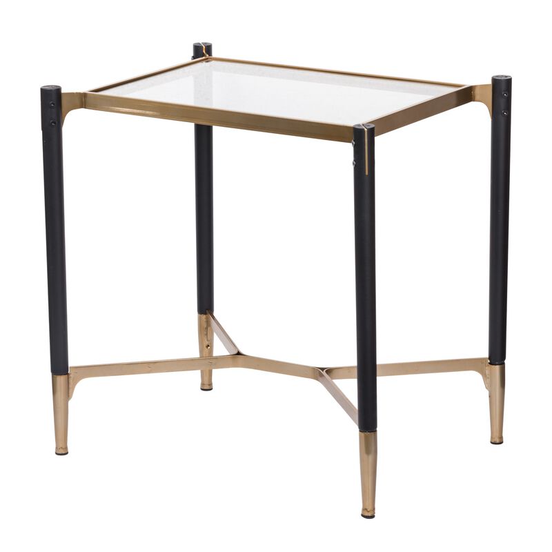 24 Inch Accent Side Table, Iron Frame, Glass Top, Modern, Gold, Black - Benzara