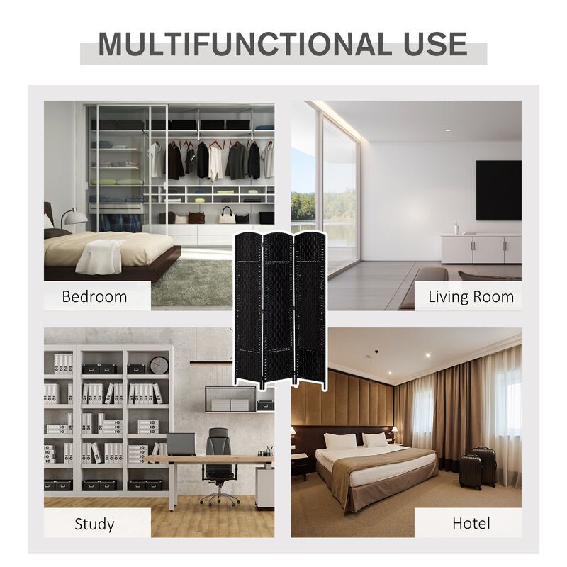 Black Woven Separator: 6' Tall 3-Panel Wicker Room Divider