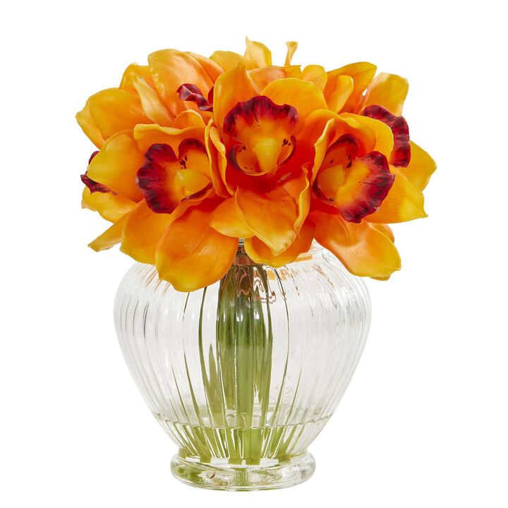 Nearly Natural 9-in Cymbidium Orchid Artificial Arrangement in Glass Vase